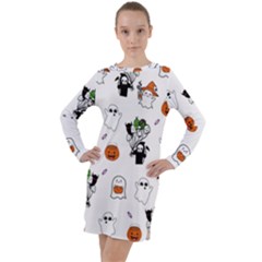 Halloween Jack O Lantern Vector Long Sleeve Hoodie Dress by Ravend