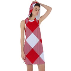 Red And White Diagonal Plaids Racer Back Hoodie Dress by ConteMonfrey