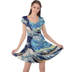 The Great Wave Of Kanagawa Painting Starry Night Vincent Van Gogh Cap Sleeve Dress by danenraven