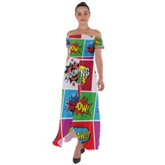 Pop Art Comic Vector Speech Cartoon Bubbles Popart Style With Humor Text Boom Bang Bubbling Expressi Off Shoulder Open Front Chiffon Dress by Pakemis