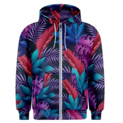 Background With Violet Blue Tropical Leaves Men s Zipper Hoodie by Pakemis