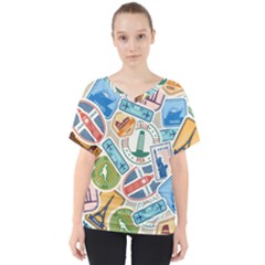 Travel Pattern Immigration Stamps Stickers With Historical Cultural Objects Travelling Visa Immigran V-neck Dolman Drape Top by Pakemis