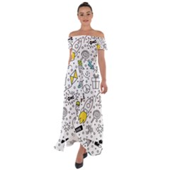 Set Cute Colorful Doodle Hand Drawing Off Shoulder Open Front Chiffon Dress by Pakemis