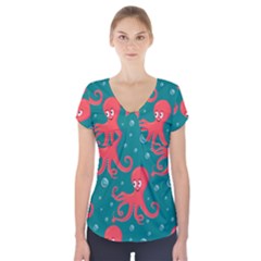 Cute Smiling Red Octopus Swimming Underwater Short Sleeve Front Detail Top by Pakemis