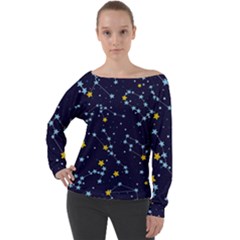Seamless Pattern With Cartoon Zodiac Constellations Starry Sky Off Shoulder Long Sleeve Velour Top by Pakemis