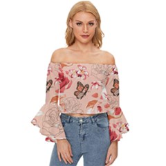 Beautiful-seamless-spring-pattern-with-roses-peony-orchid-succulents Off Shoulder Flutter Bell Sleeve Top by Pakemis