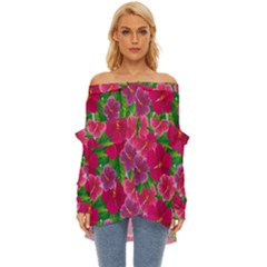 Background-cute-flowers-fuchsia-with-leaves Off Shoulder Chiffon Pocket Shirt by Pakemis