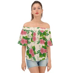 Cute-pink-flowers-with-leaves-pattern Off Shoulder Short Sleeve Top by Pakemis