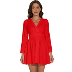 Color Red Long Sleeve V-neck Chiffon Dress  by Kultjers