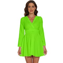 Color Chartreuse Long Sleeve V-neck Chiffon Dress  by Kultjers