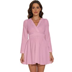 Color Light Pink Long Sleeve V-neck Chiffon Dress  by Kultjers