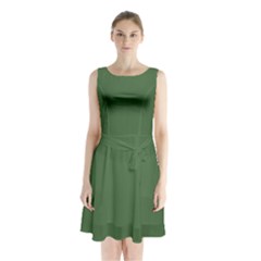 Color Artichoke Green Sleeveless Waist Tie Chiffon Dress by Kultjers