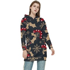 Christmas Pattern With Snowflakes Berries Women s Long Oversized Pullover Hoodie by Uceng
