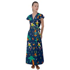 Colorful Funny Christmas Pattern Flutter Sleeve Maxi Dress by Uceng