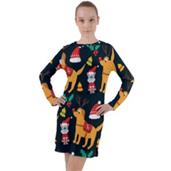 Funny Christmas Pattern Background Long Sleeve Hoodie Dress by Uceng