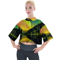 Scenic View Of Aurora Borealis Stretching Over A Lake At Night Mock Neck Tee by danenraven
