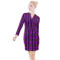 Purple And Yellow Circles On Black Button Long Sleeve Dress by FunDressesShop