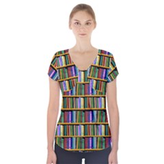 Books On A Shelf Short Sleeve Front Detail Top by TetiBright
