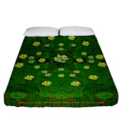 Lotus Bloom In Gold And A Green Peaceful Surrounding Environment Fitted Sheet (queen Size) by pepitasart