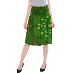 Lotus Bloom In Gold And A Green Peaceful Surrounding Environment Midi Beach Skirt by pepitasart
