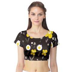 Daisy Flowers White Yellow Brown Black Short Sleeve Crop Top by Mazipoodles