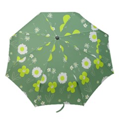 Daisy Flowers Lime Green White Forest Green  Folding Umbrellas by Mazipoodles