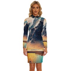 Abstract Color Colorful Mountain Ocean Sea Long Sleeve Shirt Collar Bodycon Dress by Pakemis