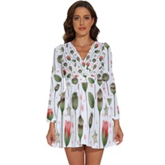 Poppies Red Poppies Red Flowers Long Sleeve V-neck Chiffon Dress  by Ravend