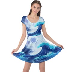 Ai Generated Waves Ocean Sea Tsunami Nautical Blue Cap Sleeve Dress by Ravend