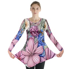 Broken And Budding Watercolor Flowers Long Sleeve Tunic  by GardenOfOphir