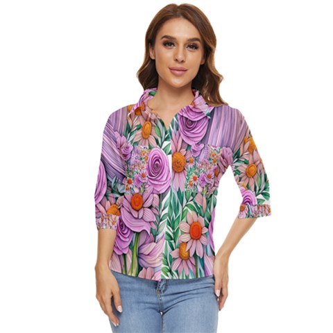 Bright And Brilliant Bouquet Women s Quarter Sleeve Pocket Shirt by GardenOfOphir