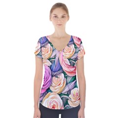 County Charm – Watercolor Flowers Botanical Short Sleeve Front Detail Top by GardenOfOphir