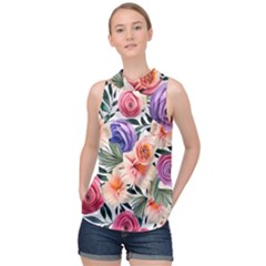 Country-chic Watercolor Flowers High Neck Satin Top by GardenOfOphir