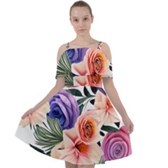 Country-chic Watercolor Flowers Cut Out Shoulders Chiffon Dress by GardenOfOphir