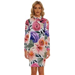 Country-chic Watercolor Flowers Long Sleeve Shirt Collar Bodycon Dress by GardenOfOphir