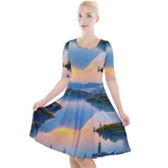 Somber Lake Sunset Quarter Sleeve A-line Dress by GardenOfOphir