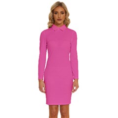 Bubble Gum Pink	 - 	long Sleeve Shirt Collar Bodycon Dress by ColorfulDresses