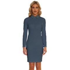 Orion Blue	 - 	long Sleeve Shirt Collar Bodycon Dress by ColorfulDresses
