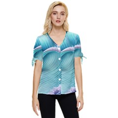 Pastel Sea Waves Bow Sleeve Button Up Top by GardenOfOphir