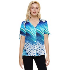 Blue Water Reflections Bow Sleeve Button Up Top by GardenOfOphir