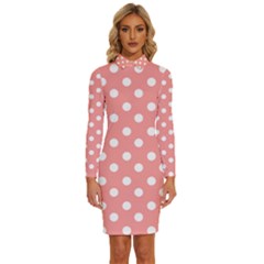 Coral And White Polka Dots Long Sleeve Shirt Collar Bodycon Dress by GardenOfOphir