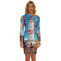 Lighthouse Long Sleeve Shirt Collar Bodycon Dress by artworkshop