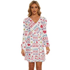 Love Mom Happy Mothers Day I Love Mom Graphic Long Sleeve Waist Tie Ruffle Velvet Dress by Ravend