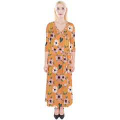 Flower Orange Pattern Floral Quarter Sleeve Wrap Maxi Dress by Dutashop