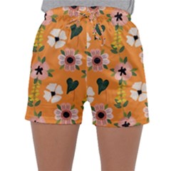 Flower Orange Pattern Floral Sleepwear Shorts by Dutashop
