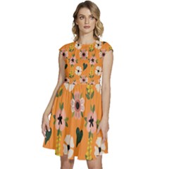 Flower Orange Pattern Floral Cap Sleeve High Waist Dress by Dutashop
