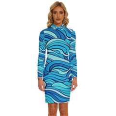 Pattern Ocean Waves Blue Nature Sea Abstract Long Sleeve Shirt Collar Bodycon Dress by Pakemis