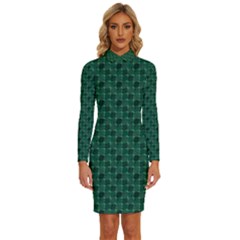 Green Pattern Long Sleeve Shirt Collar Bodycon Dress by Sparkle