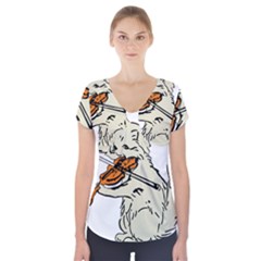 Cat Playing The Violin Art Short Sleeve Front Detail Top by oldshool