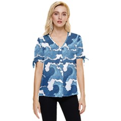 Waves Aesthetics Illustration Japanese Bow Sleeve Button Up Top by Salman4z